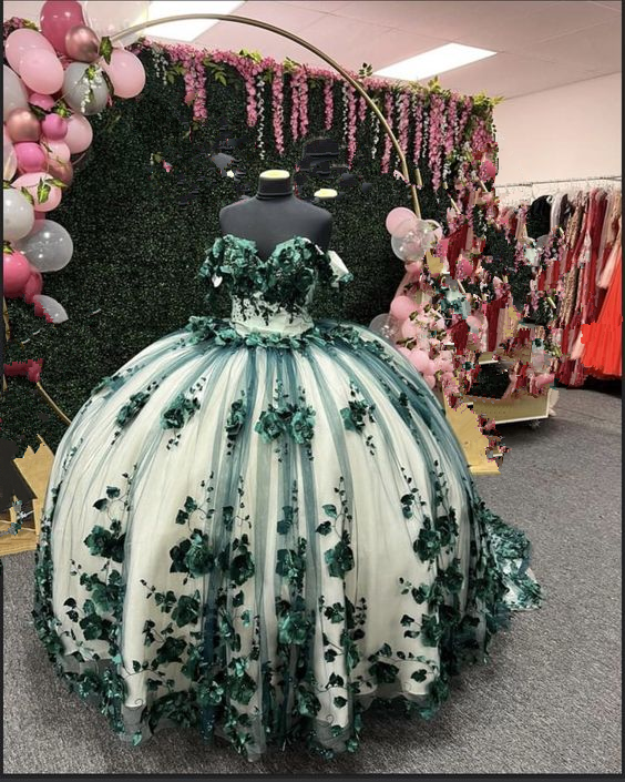 Green Ball Gown Quinceanera Dresses Off Shoulder 3d Flowers Beads Applique Sweet 15 16 Party Prom Dress Y292