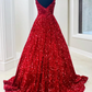 Red Sequin Square Neck Backless A-Line Long Prom Dress Y1534