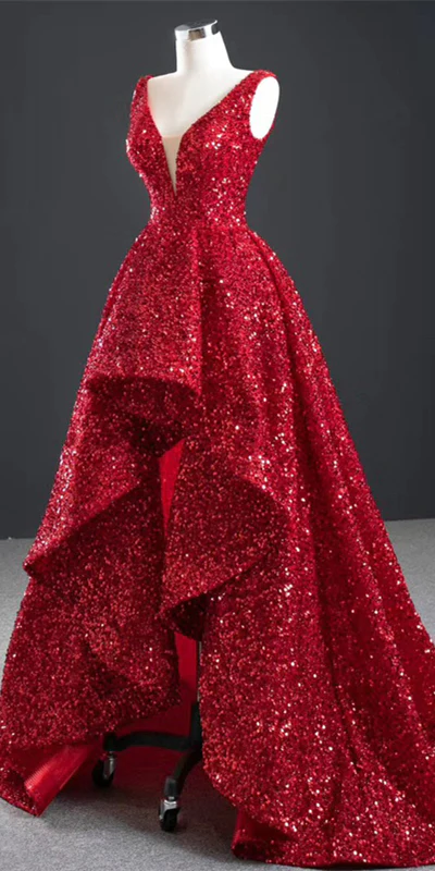 V-neck Long A-line Hi-low Red Sequin Prom Dresses, Long Prom Dresses Y763