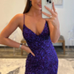 Spaghetti Straps Purple Sequins Sparkly Prom Dress with Slit, V Neck Mermaid Purple Formal Graduation Evening Dresses Y90