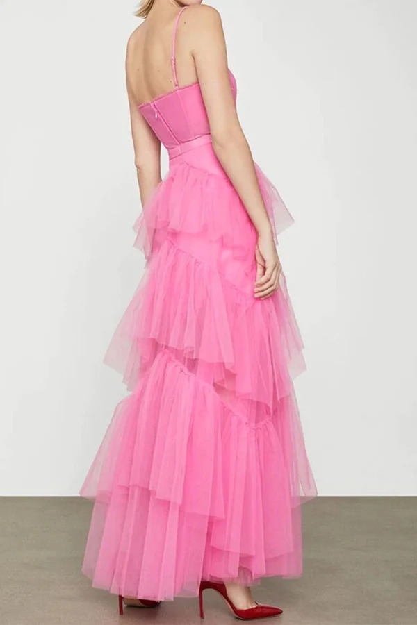 Elegant A-Line Hot Pink Tiered Tulle Long Prom Dress Evening Dress Y1594