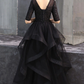 Black round neck tulle lace long prom dress, black formal dress Y255