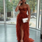 Rust Red Sweetheart High Low Tiered Formal Dress,Tulle Long Evening Prom Dresses Y278
