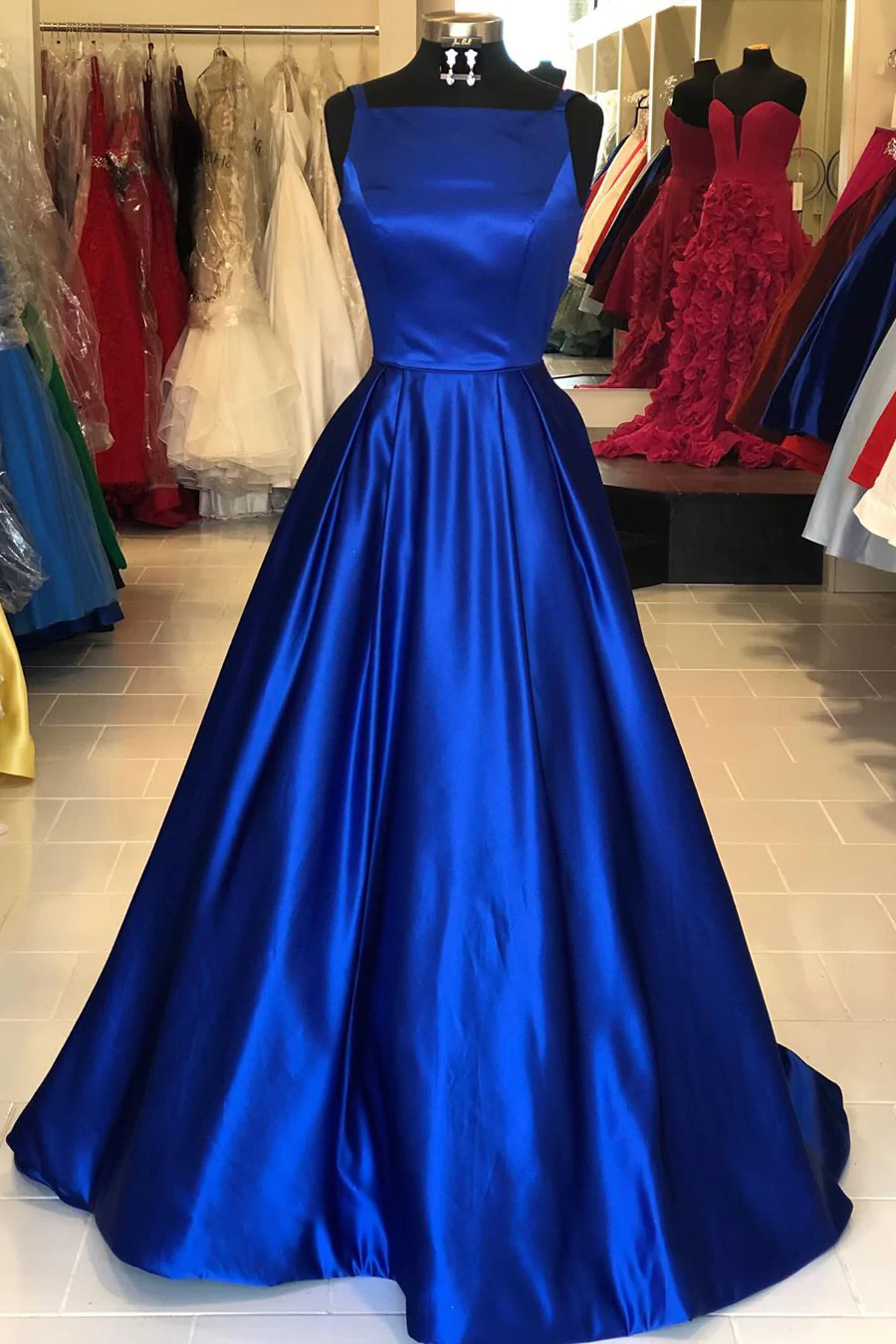 Hollow Out Royal Blue Satin Long Prom Dress Y1195