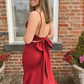 Red Satin Mermaid V-neck Long Prom Dresses with Bow,Evening dresses Y1568