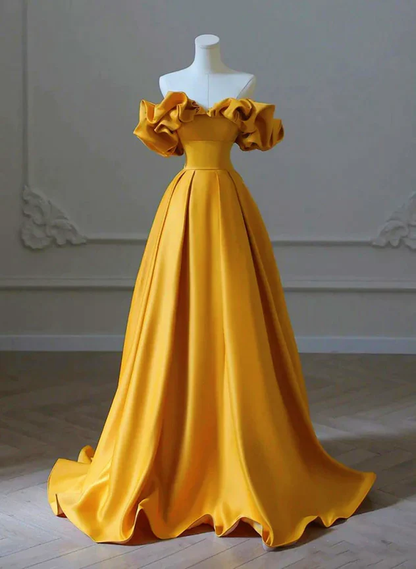 Charming Gold Satin Long Party Dress, Off Shoulder A-Line Prom Dress Y1855
