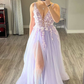 Lilac Tulle 3D Floral Lace A-Line Prom Dress with Slit Y1697