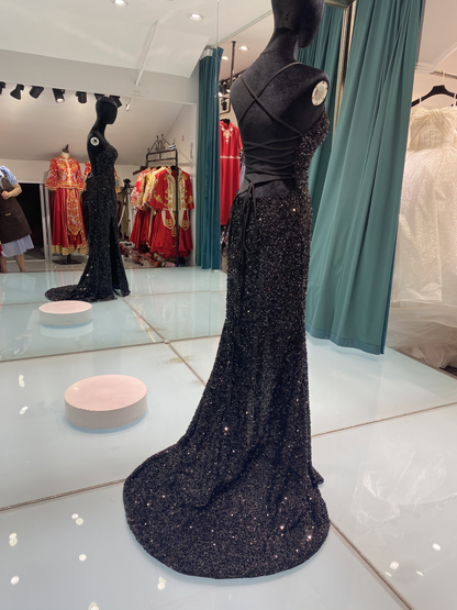 Glitter Mermaid Scoop Neck Black Sequins Long Prom Dresses with Cross Back Y1793