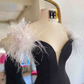 Long Black High Slit Prom Dress with White Feather Y872