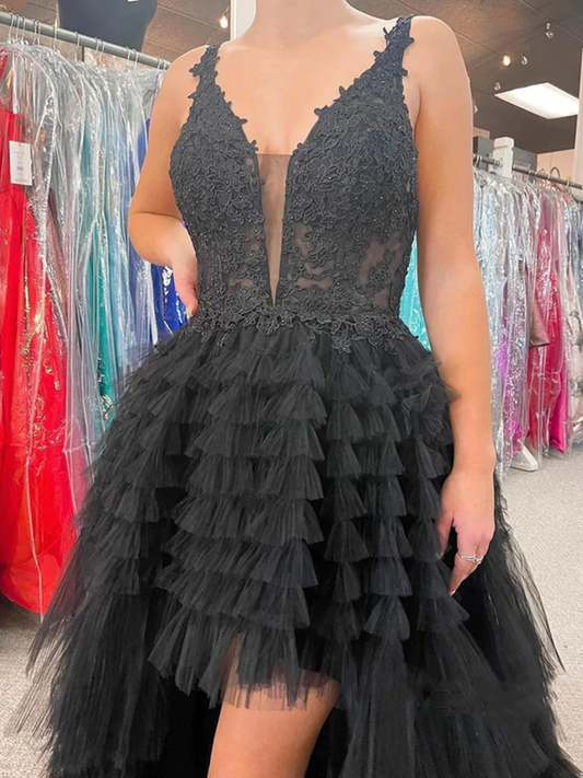 V Neck Backless High Low Beaded Black Lace Long Prom Dresses, Backless Black Formal Dresses, Black Lace Evening Dresses Y1769