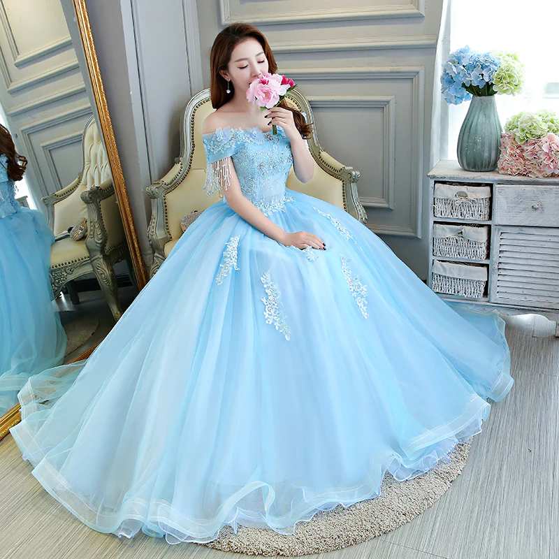 Luxurious Light Blue Ball Gown Off The Shoulder Princess Dress Y309