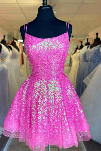 Cute Hot Pink Sequins A-Line Homecoming Dress Y1641