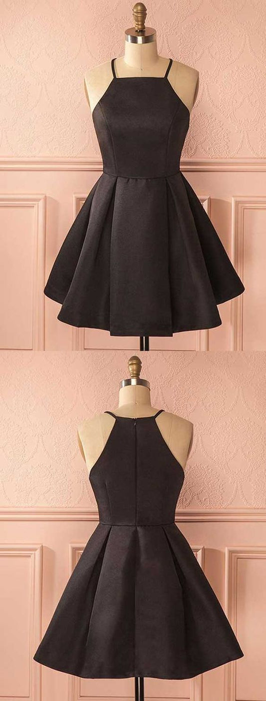 A-Line Square Neck Short Satin Black Homecoming Dress with Pleats S414