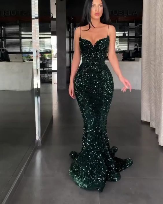 Sparkly Mermaid Sweetheart Spaghetti Straps Green Sequin Long Prom Dresses S16820