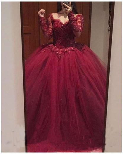 Burgundy Lace Appliques Long Sleeves Tulle Ball Gowns Prom Dresses S20959