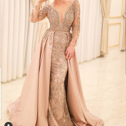 Champagne prom dresses,long sleeve beading sequins detachable train crystal beading evening dresses S23375