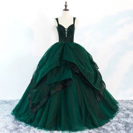 Beautiful Dark Green Prom Dresses Ball Gown Beading Ruffles Spaghetti Straps Backless Sleeveless Floor-Length / Long Formal Dresses S14429
