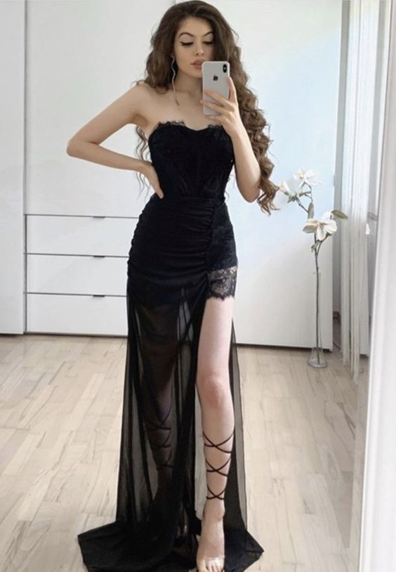 Black lace long prom dress black evening dress S15437