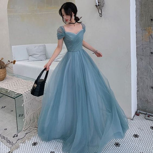 A-Line Princess Square Neckline Short Sleeve Floor-Length Prom Dresses S16399