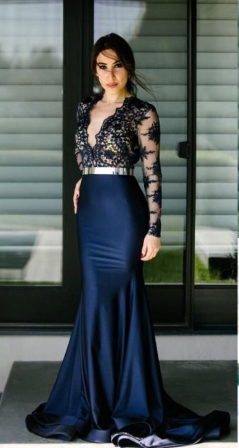 Sexy Sheer Deep V Neck Mermaid Prom Dresses Lace Applique Royal Evening Dress Sweep Train Party Gowns Prom Dresses  S5948