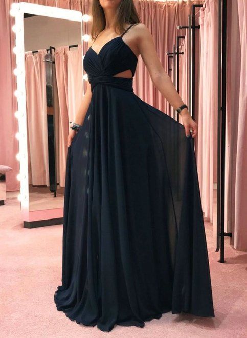 Black Spaghetti straps Chiffon Long Prom Dress, Simple Evening Dress  S6167
