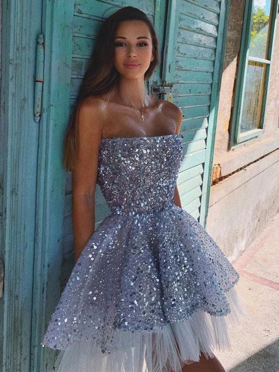 Sparkly Sequin Tulle A-line Backless Homecoming Dress S6497