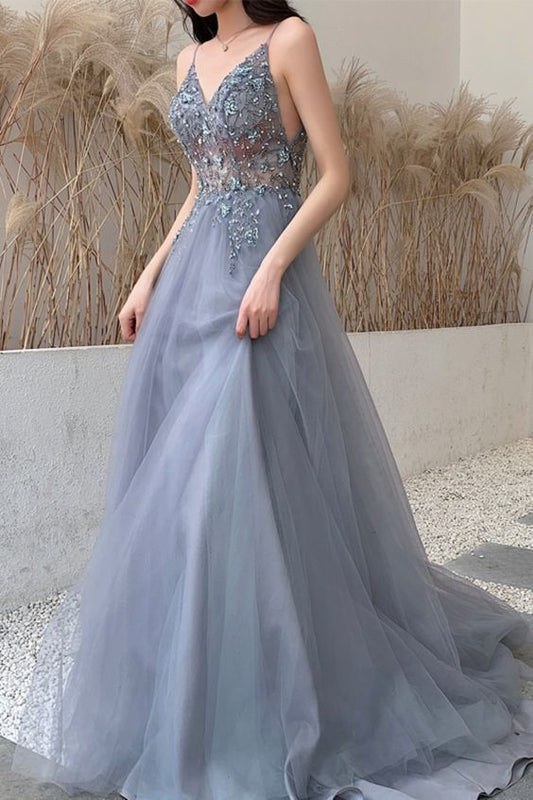 dusty blue long prom dress with spaghetti straps and beaded bodice evening dress S7915