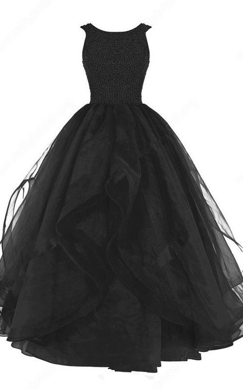 Black Ball Gown Scoop Neck Organza Sleeveless Beading Long Prom Dress  S7467