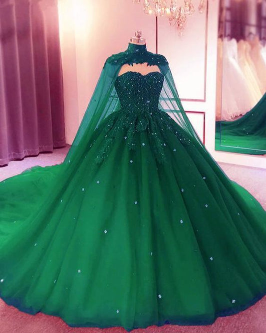 Green Sweetheart Ball Gown Prom Dress With Cape S13179