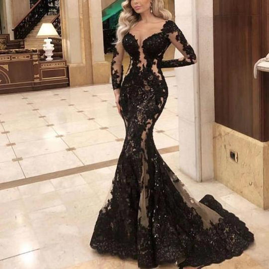 modest black prom dresses long sleeve lace appliqué elegant evening gown formal dresses S11019