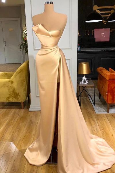 Glamorous Champagne Starpless Long Prom Dress With Split Y50