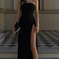 Simple Black Elastic Satin Evening Dress Strapless High Side Slit Sexy Formal Party Dresses Ankle Length Occasion Gown Y51