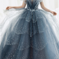 Blue Tulle Beaded Long A-Line Prom Dress, Blue Formal Evening Gown Y1579