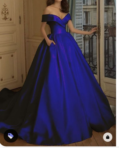 Off The Shoulder Royal Blue Satin Ball Gown Stunning Princess Dress Y310