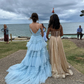 Charming A Line V Neck Light Blue Tulle Long Prom Dresses Y1477