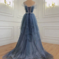 Blue Tulle Beaded Long A-line Prom Dress Y1547