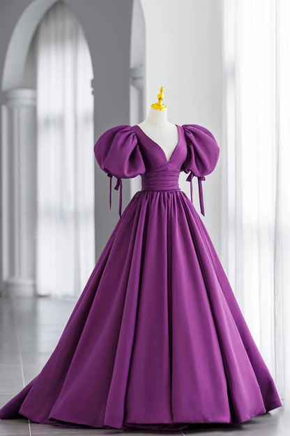 Purple Puff Sleeves Satin Long Prom Dress, V-Neck Evening Dress Y856