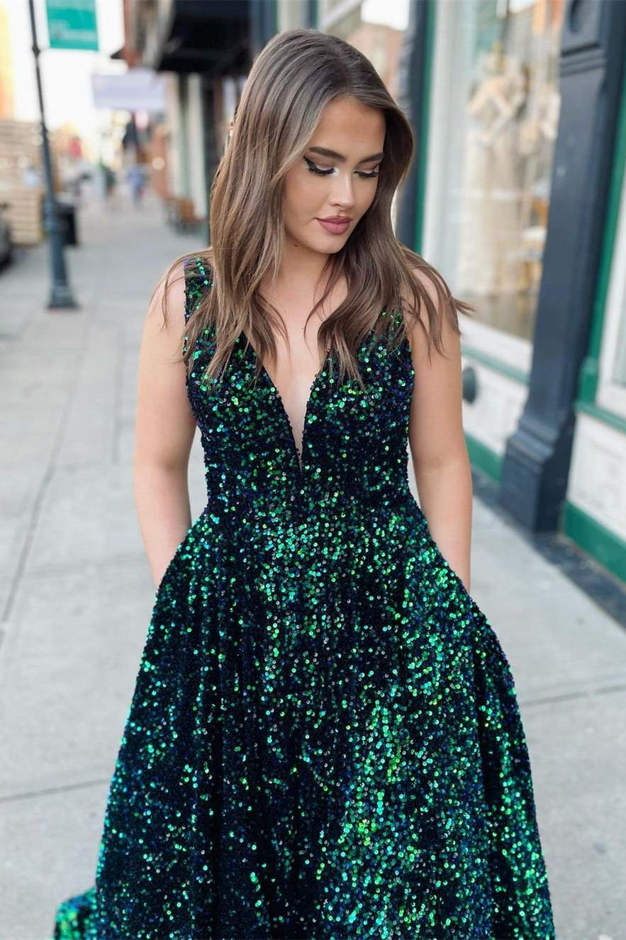 Sparkly Dark Green Sequins Long Prom Dress with Pockets Y347