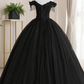 Black Off Shoulder Tulle Ball Gown With Lace Sweet 16 Dress, Black Long Evening Dress Y1143