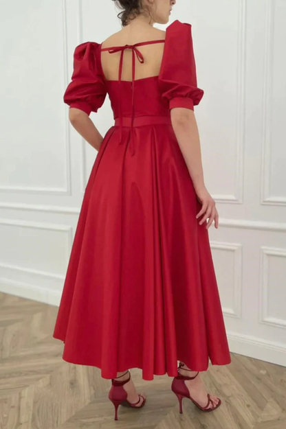 Red satin tea length prom dress Y238