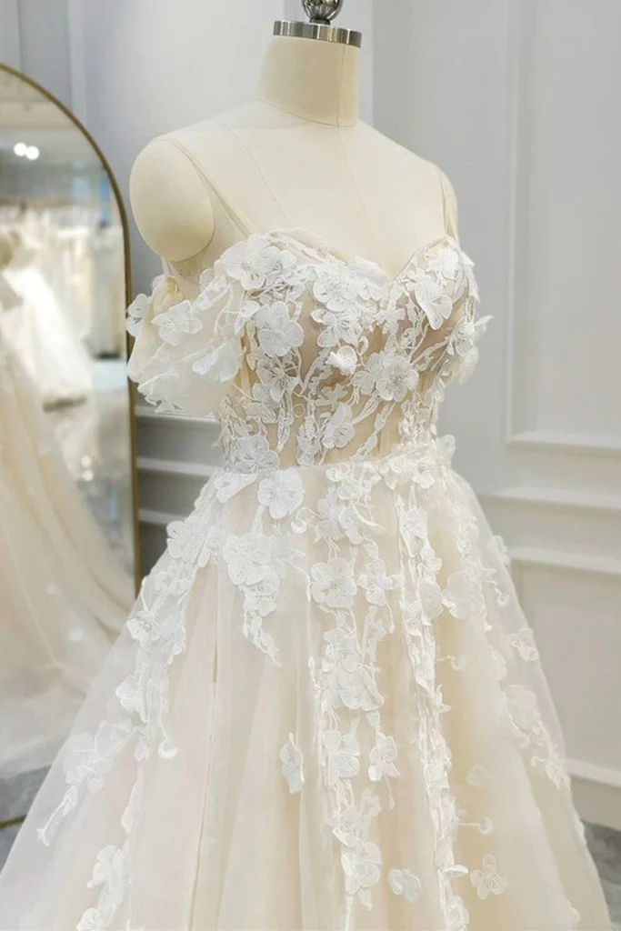 Off Shoulder Light Champagne Tulle Lace Long Wedding Dress Y211