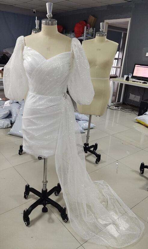 Short Puff Sleeve Wedding Dress Sweetheart Sparkly Modern Bridesmaid Dresses for Party Outfit Dress Y1208
