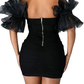 Women Sexy Puff Sleeve Ruffles Dress Mesh Off Shoulder Mini Party Dress,Short Black Homecoming Dress Y786