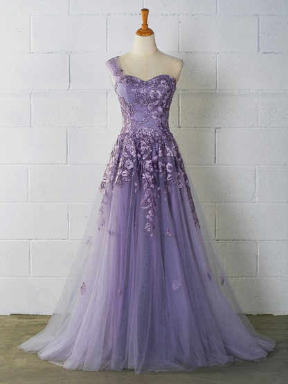 Sweetheart Tulle One Shoulder Floor Length Prom Dress Y895