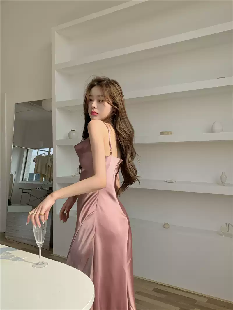 Elegant Spaghetti Strap Silk Side Slit Midi Semi Formal Dress,Sexy Slim Evening Dress For Women Y1197