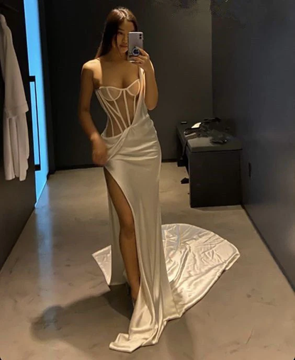 White One Shoulder Long Prom Dress With High Split Sexy Evening Dress Y189