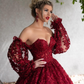 Dark Red Lace Beaded Prom Dresses Off The Shoulder Long Sleeves Formal Dress Floor Length A Line Plus Size Evening Gowns Y766