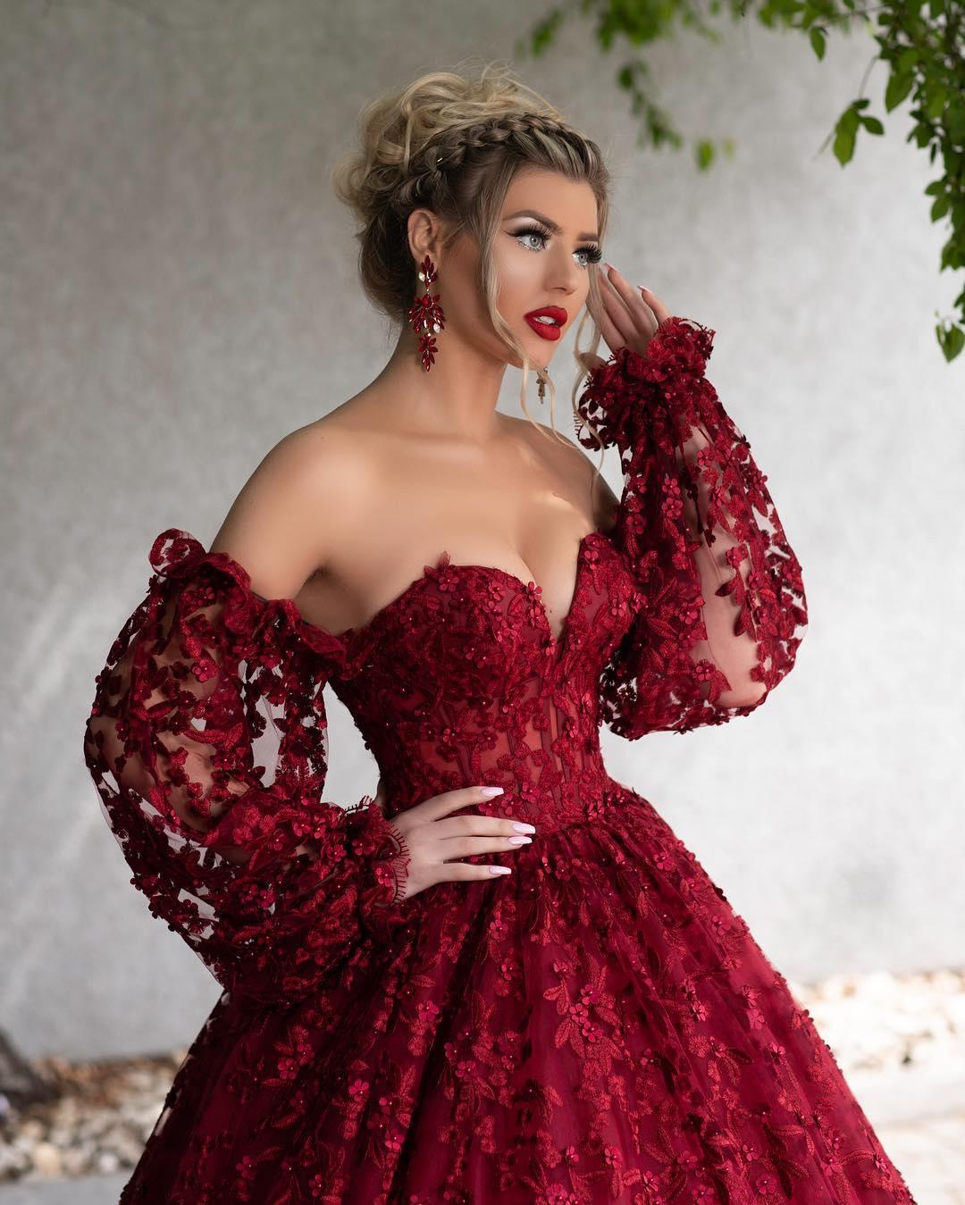 Dark Red Lace Beaded Prom Dresses Off The Shoulder Long Sleeves Formal Dress Floor Length A Line Plus Size Evening Gowns Y766