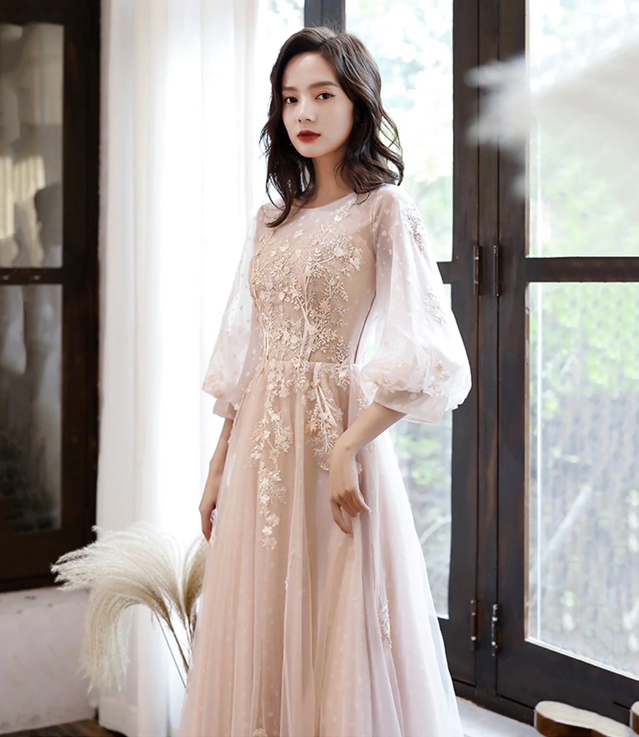 Cute tulle lace long prom dress A line evening dress Y1291