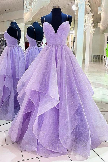 Purple Tulle Long A-Line Prom Dress, Beautiful Spaghetti Strap Formal Evening Dress Y1178